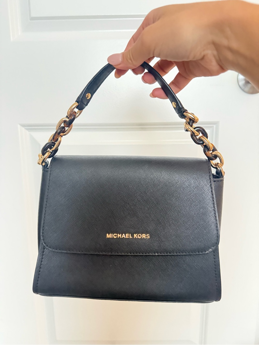 Michael Kors Black Leather Satchel with Gold Chain Handle
